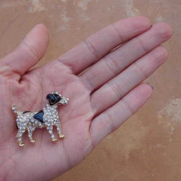 Black & White Enamel Gold Tone Clear Rhinestone Jewel Preppy Dog Brooch Pin - Picture 3 of 8